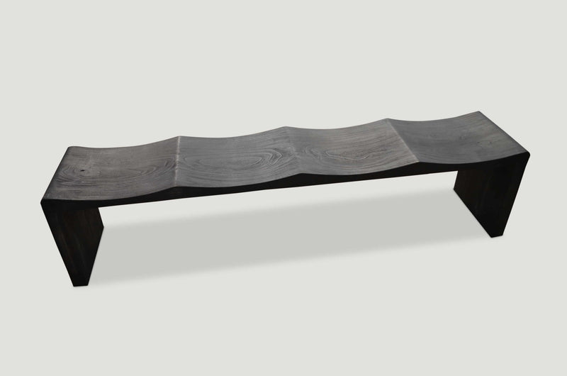 Triple Burnt Teak Wood Wave Bench