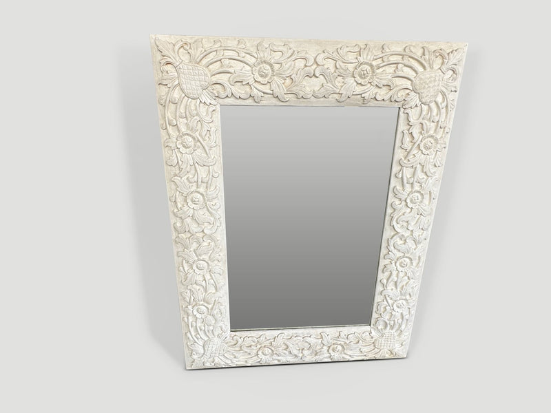 Hand Carved White Wood Framed Mirror