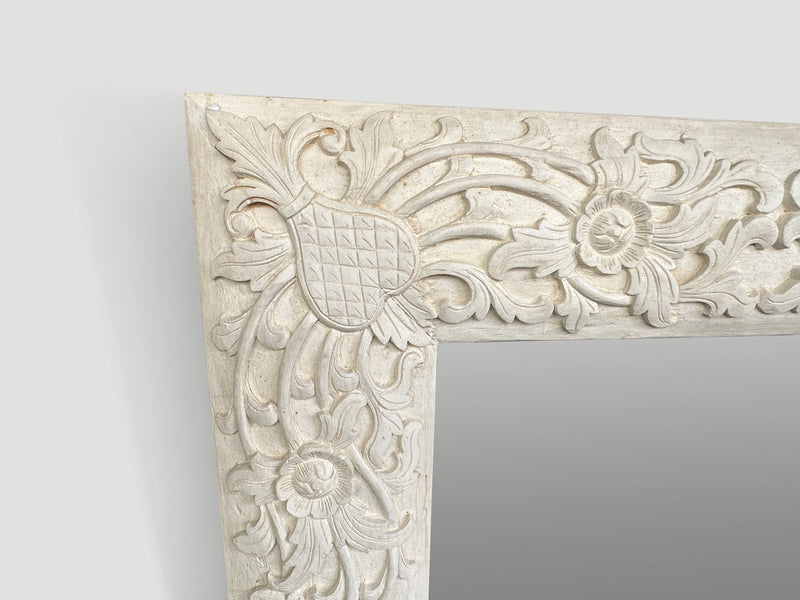 Hand Carved White Wood Framed Mirror