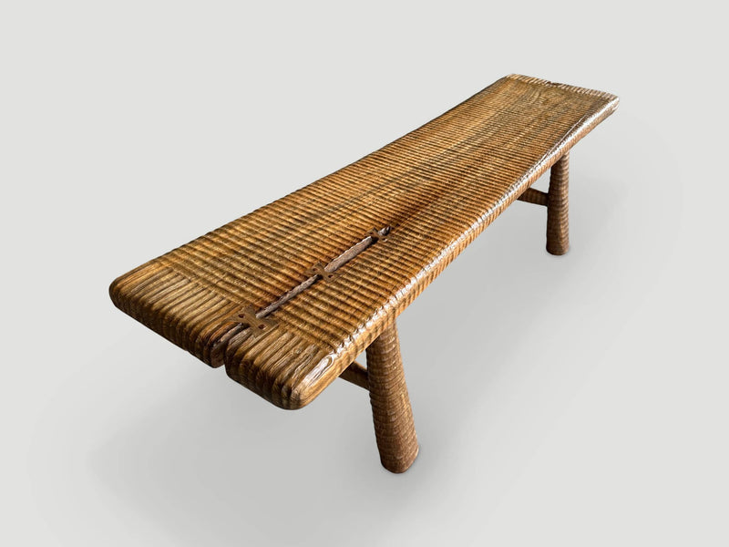 Impressive Hand Carved Natural Teak Bench