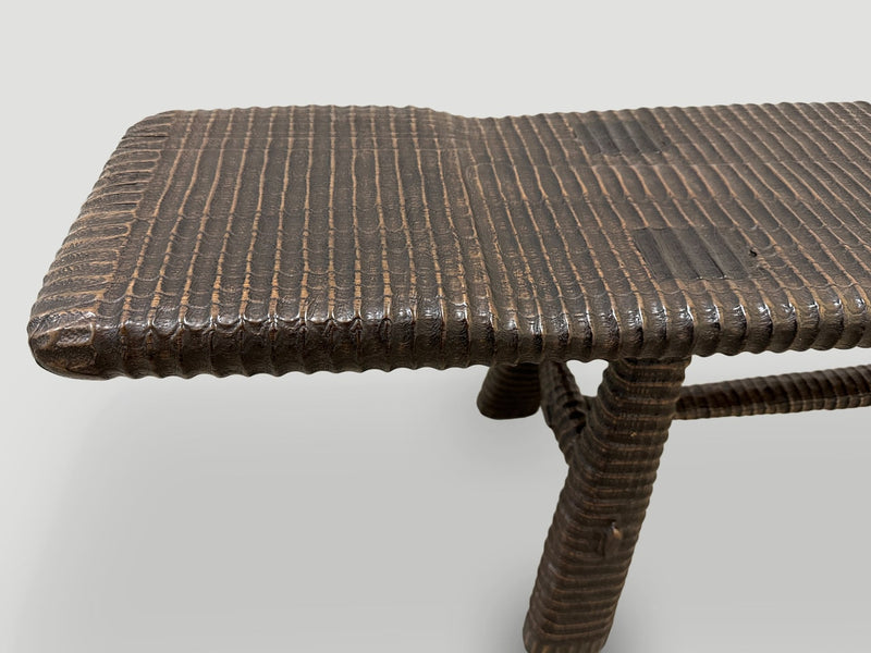 Impressive Hand Carved Espresso Stained Teak Bench or Chaise