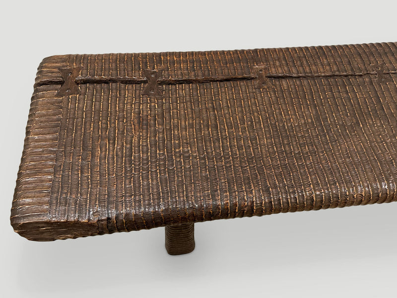 Impressive Hand Carved Espresso Stained Teak Bench