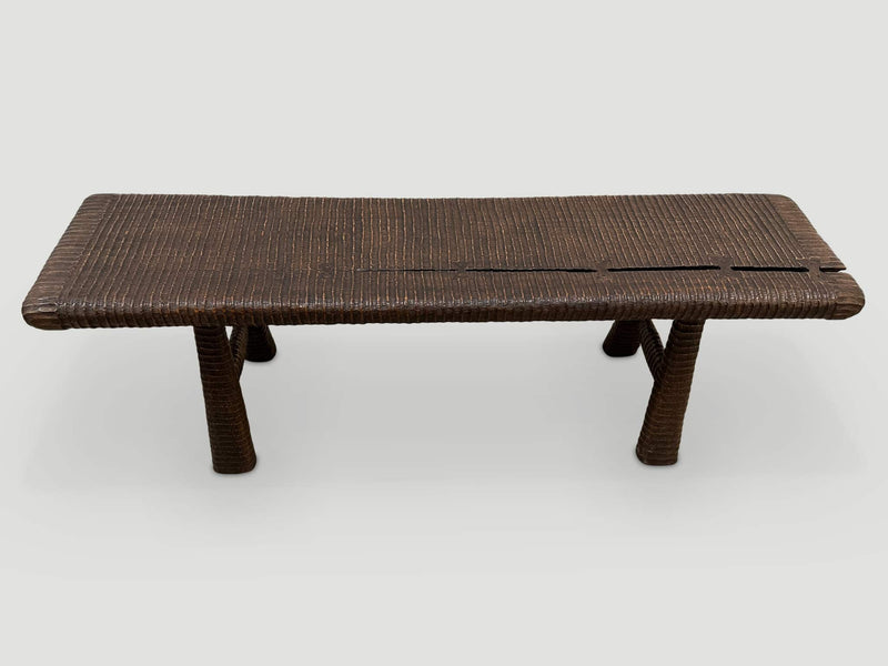 Impressive Hand Carved Espresso Stained Teak Bench