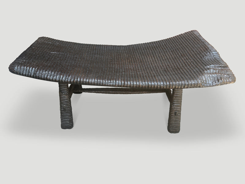 Impressive Hand Carved Espresso Stained Teak Bench