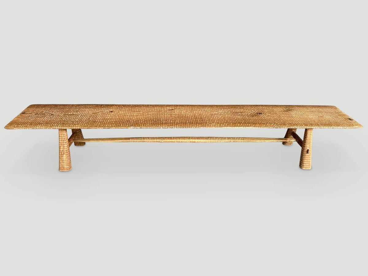 Impressive Minimalist Carved Long Teak Bench