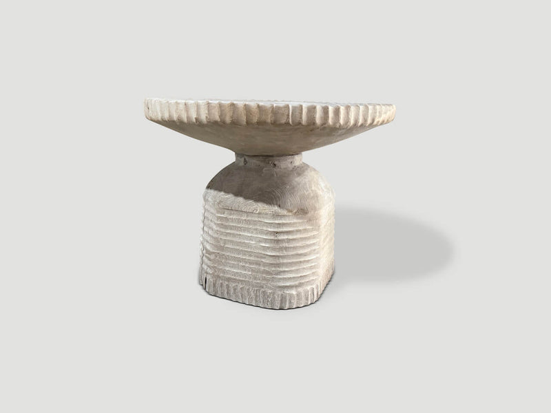 Sculptural Hand Carved Bleached Teak Wood Side Table