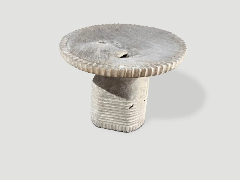 Sculptural Hand Carved Bleached Teak Wood Side Table