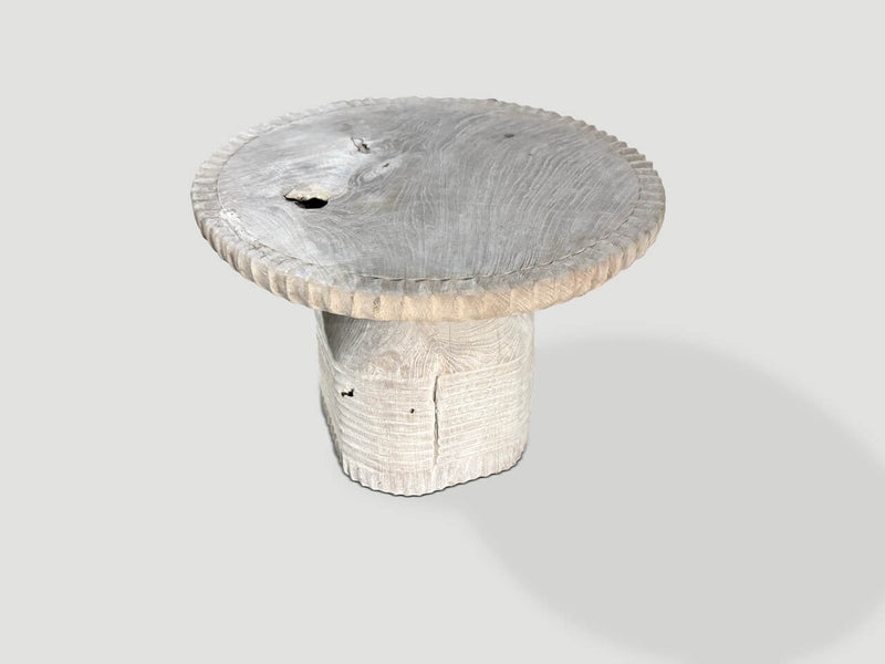 Sculptural Hand Carved Bleached Teak Wood Side Table
