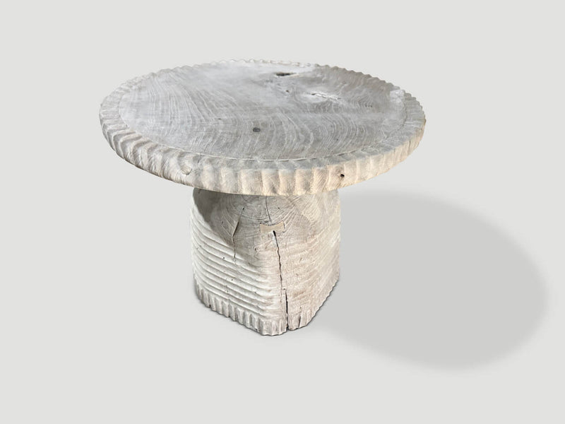 Sculptural Hand Carved Bleached Teak Wood Side Table