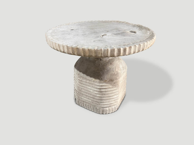 Sculptural Hand Carved Bleached Teak Wood Side Table