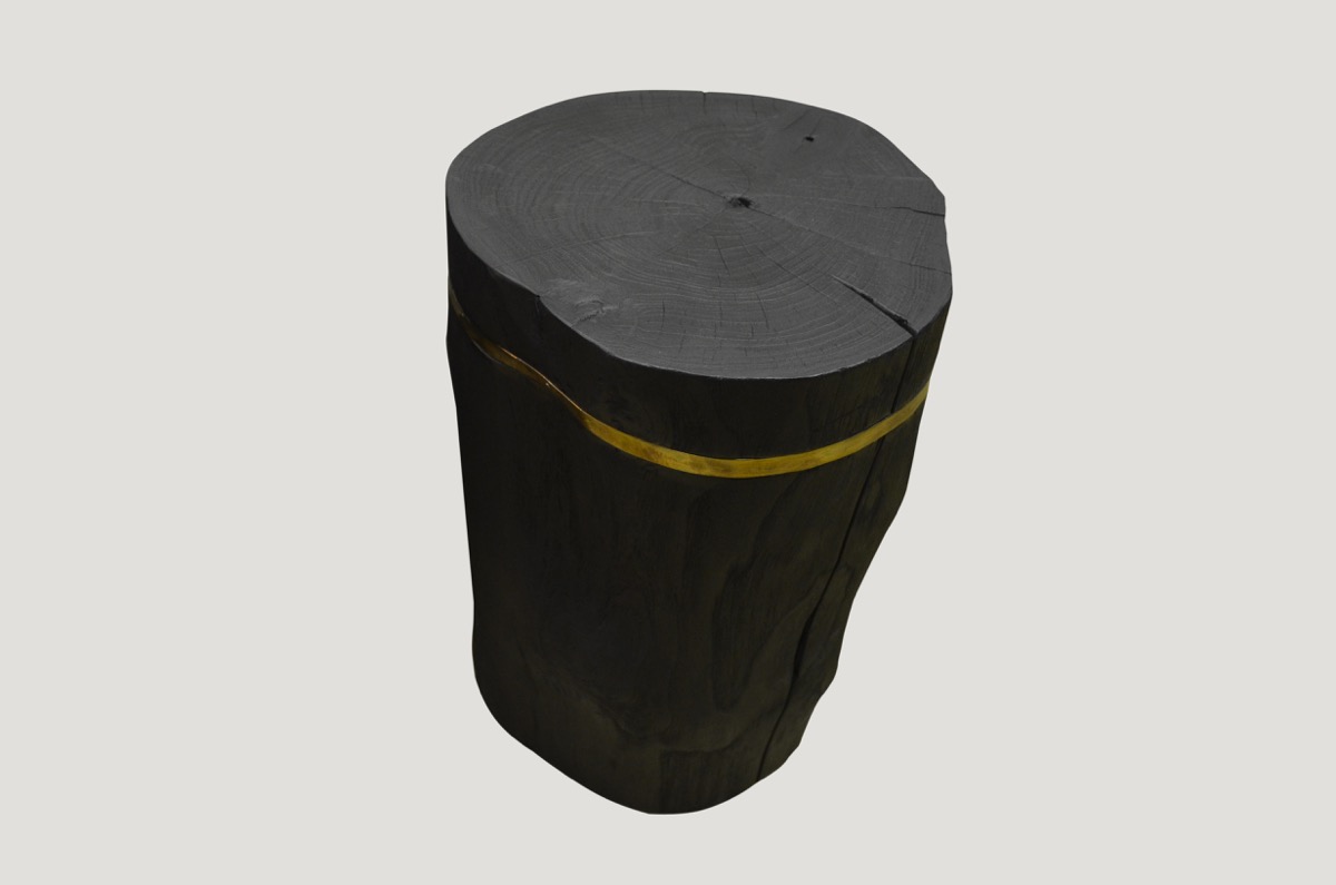 burnt wood side table with gold strip