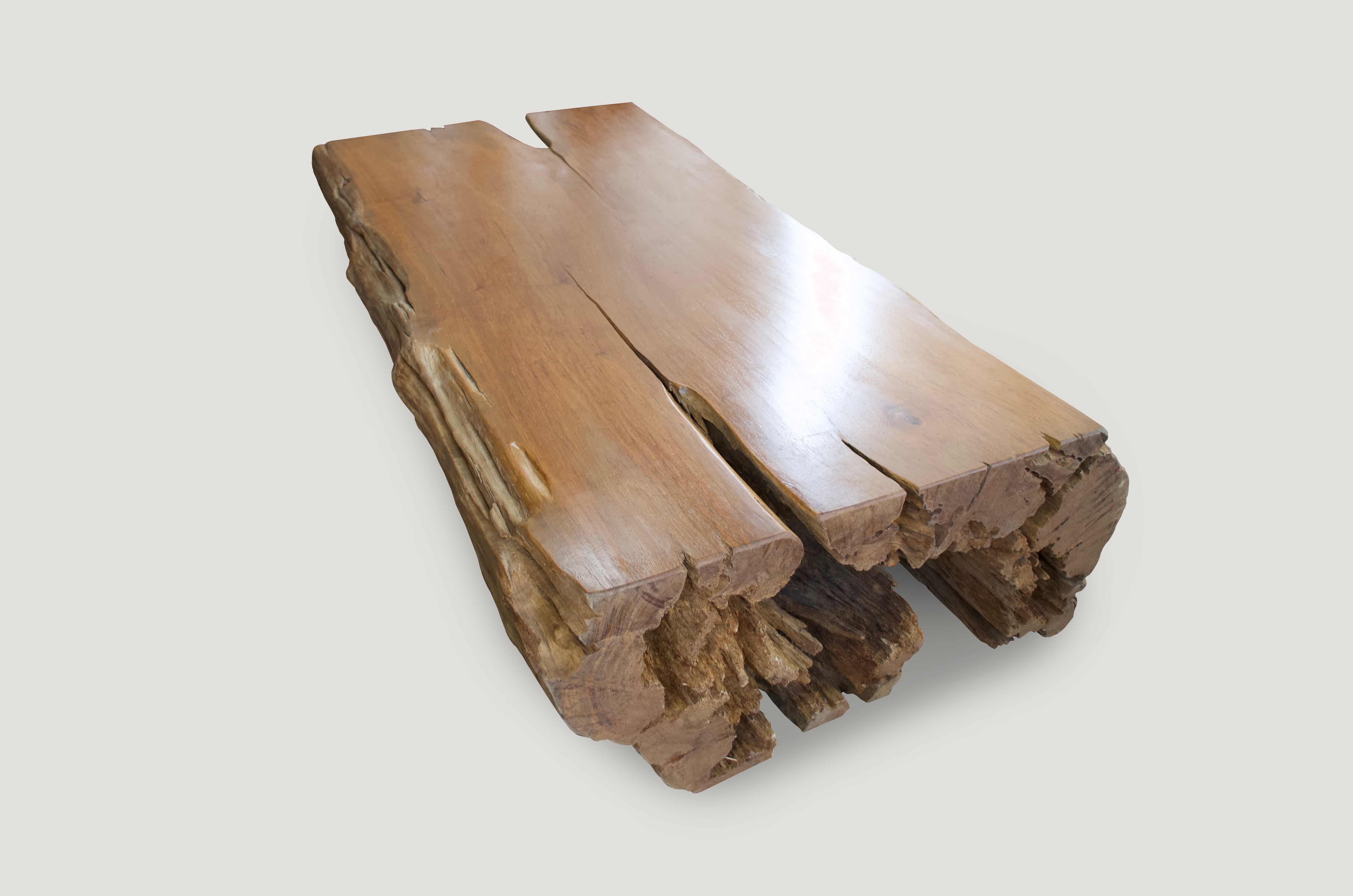 polished teak wood log coffee table