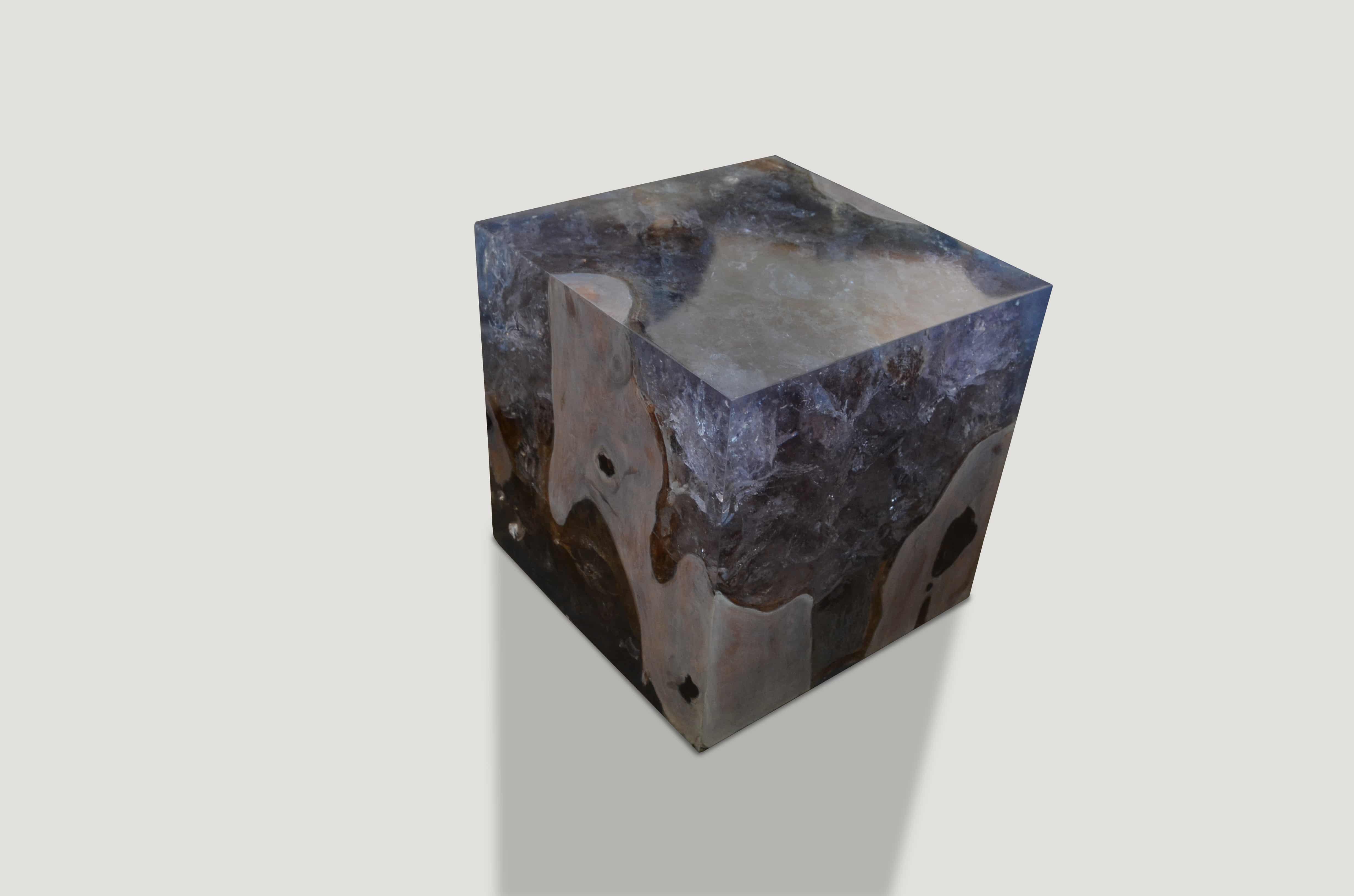 Bleached teak with ice blue resin side table