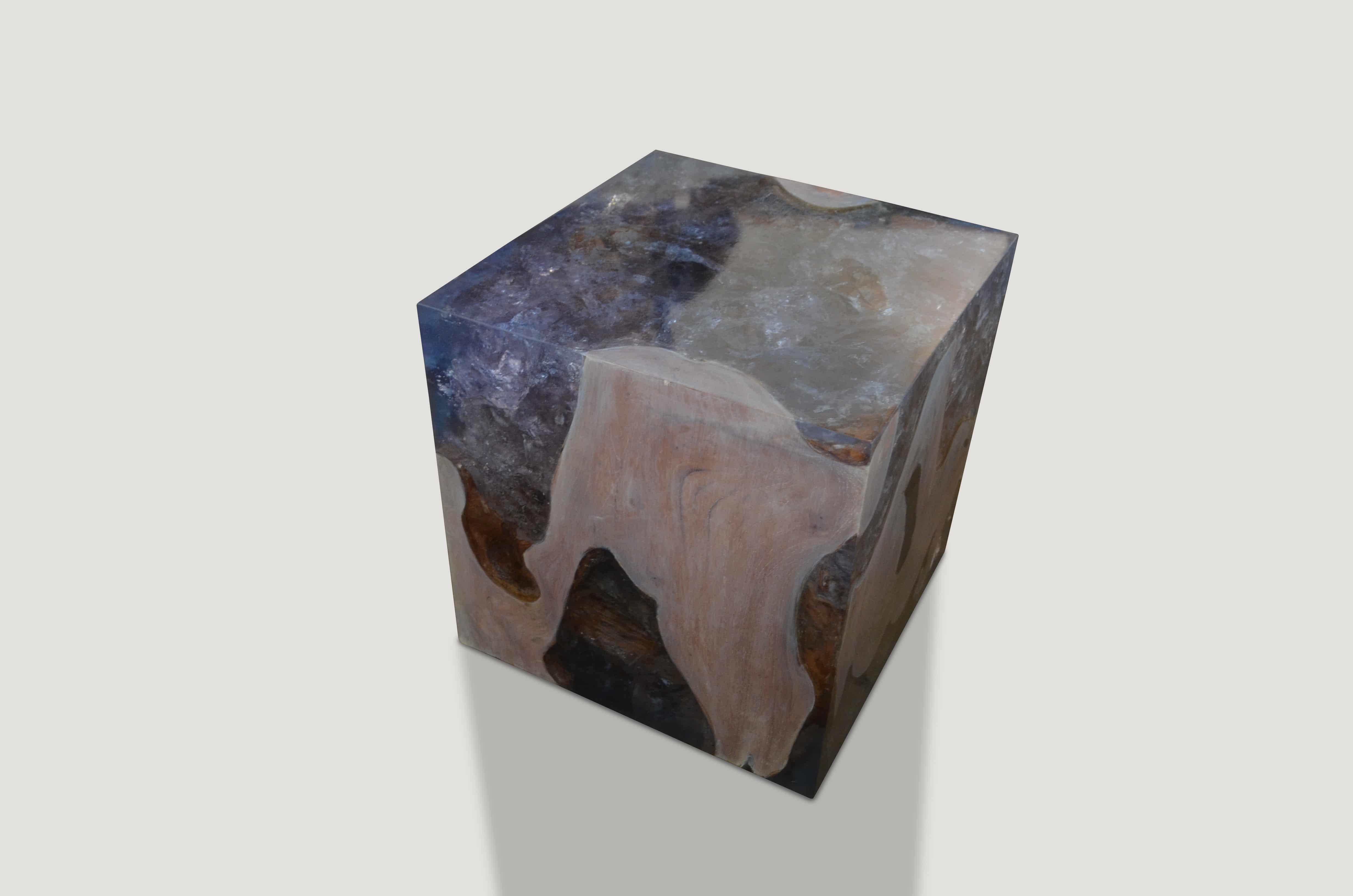 Bleached teak with ice blue resin side table