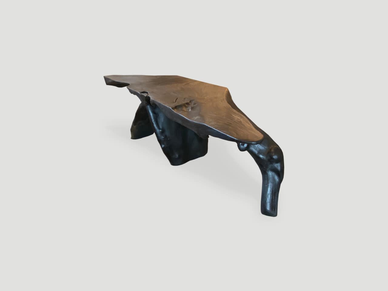 SCULPTURAL CHARRED TEAK ROOT CONSOLE TABLE