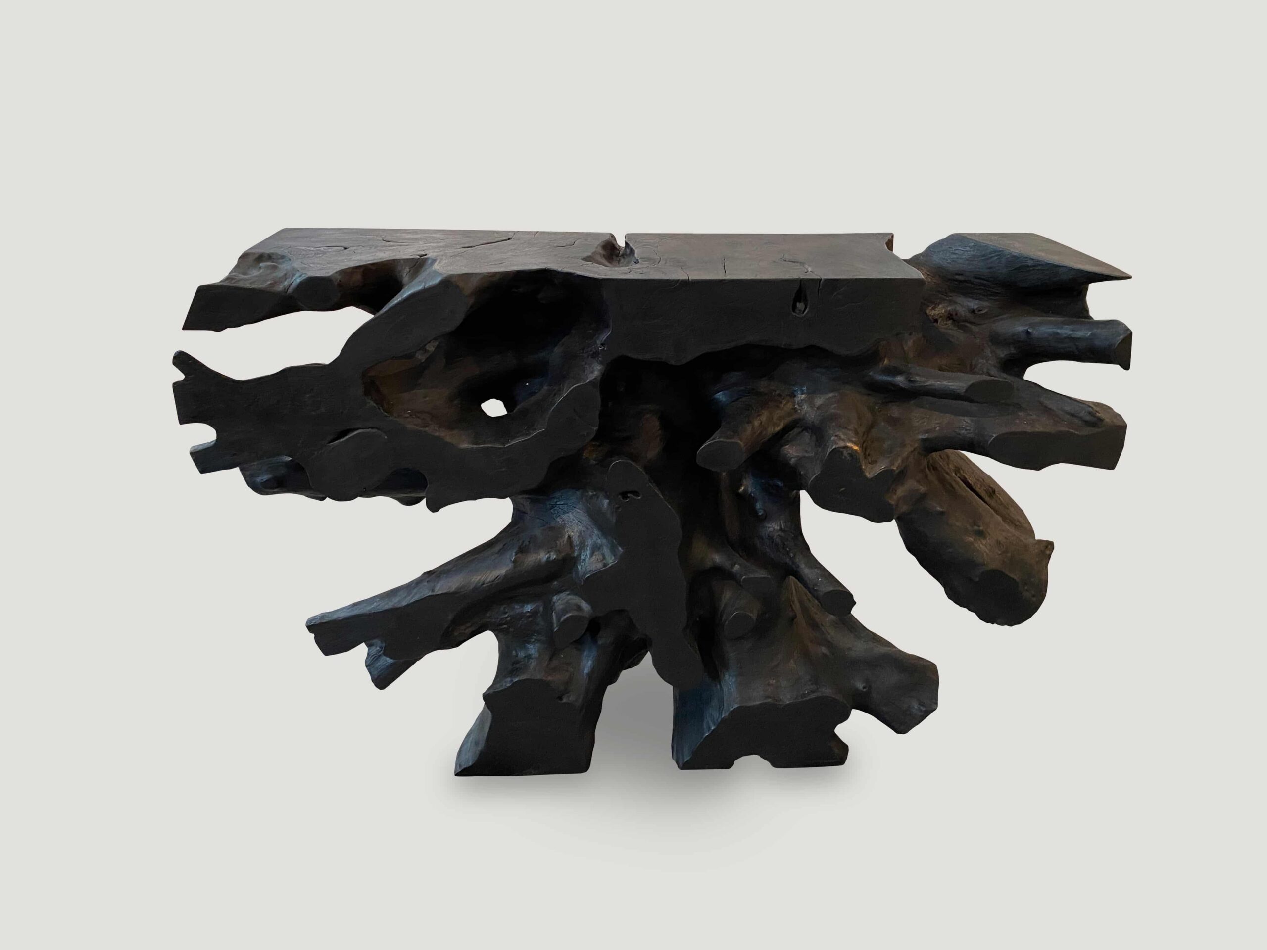 charred organic teak wood console