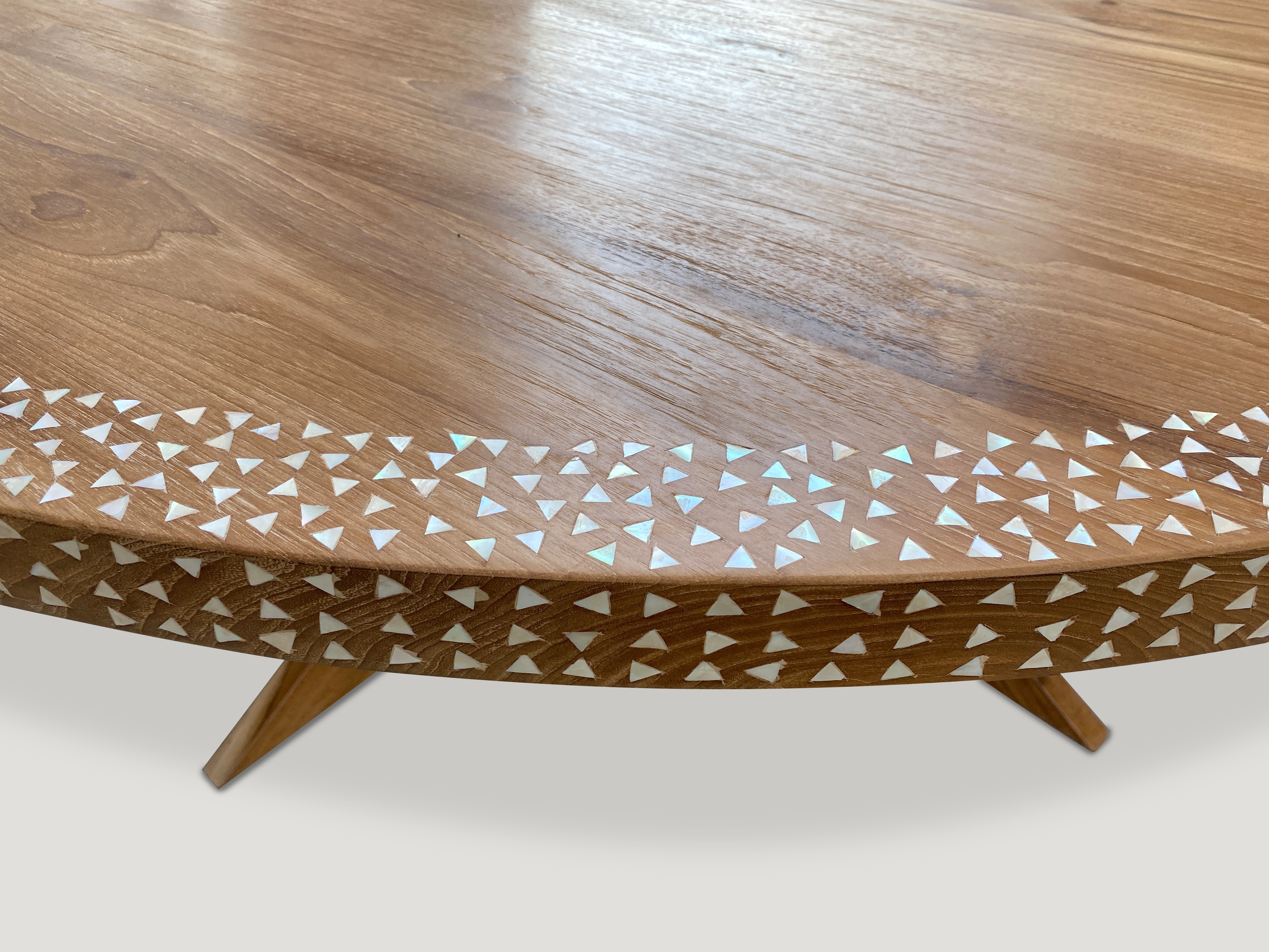 round shell inlaid teak wood dining table