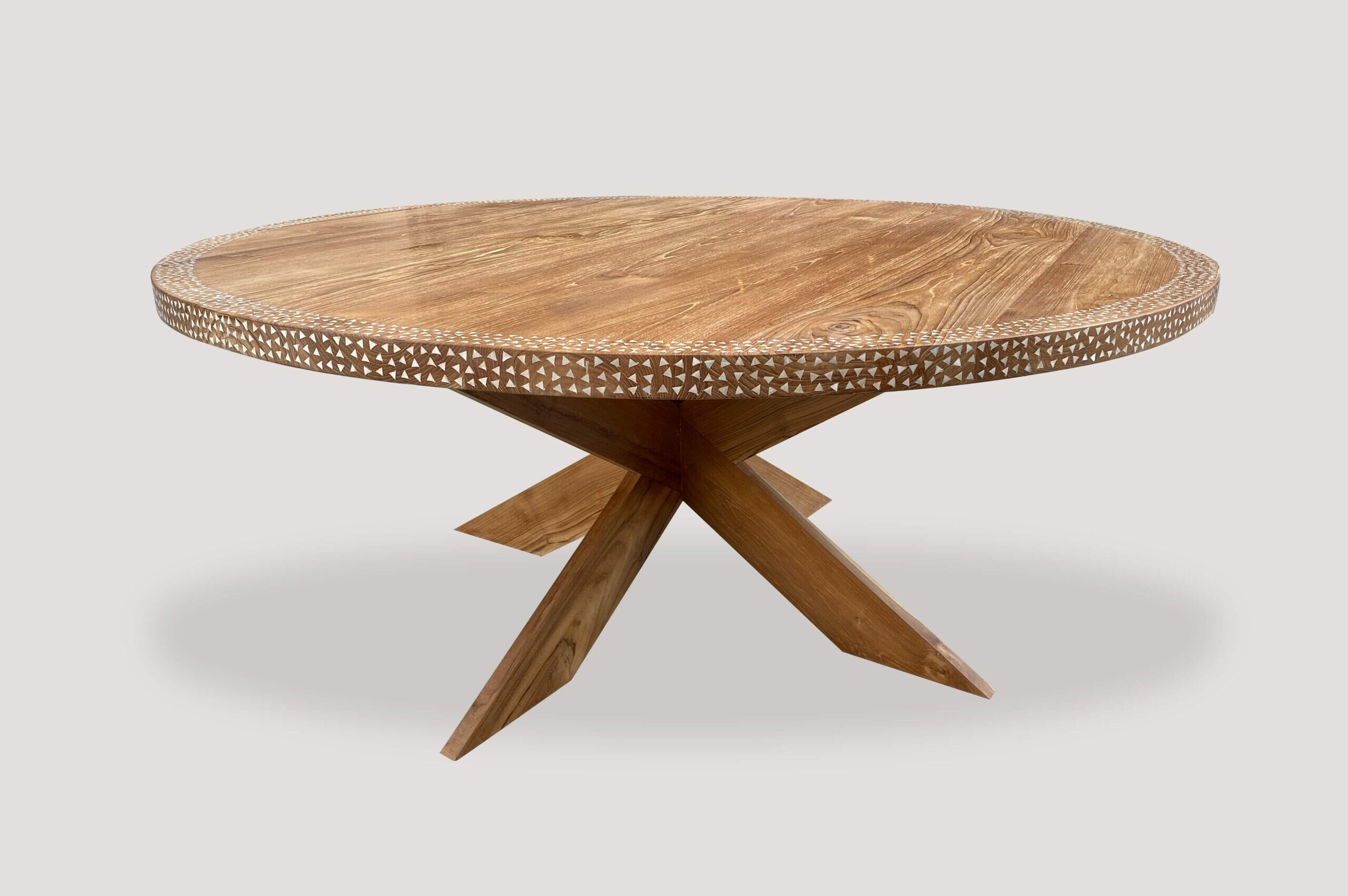 round shell inlaid teak wood dining table