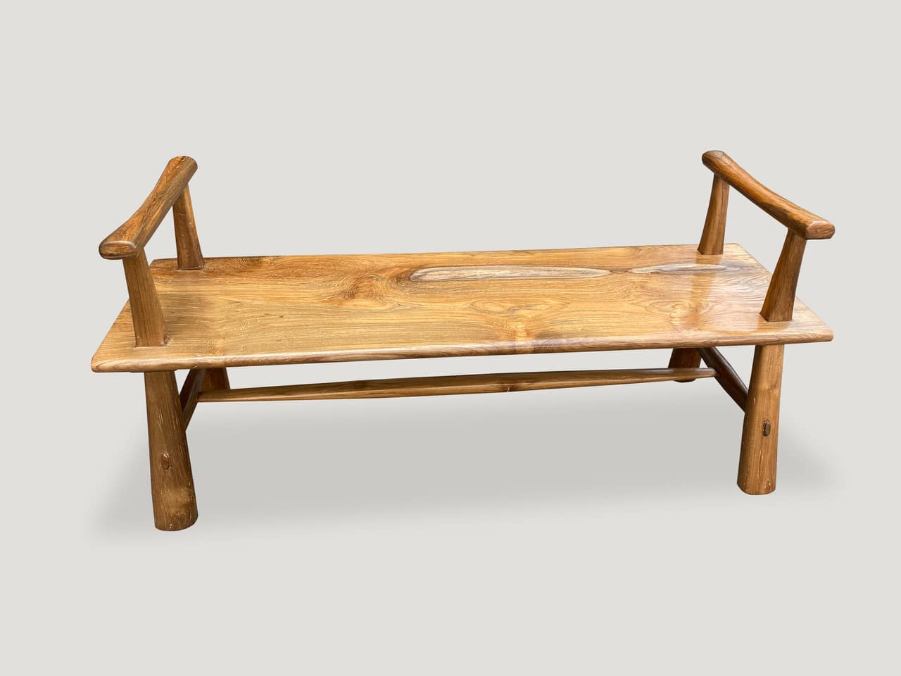 teak wood single slab bench with arms
