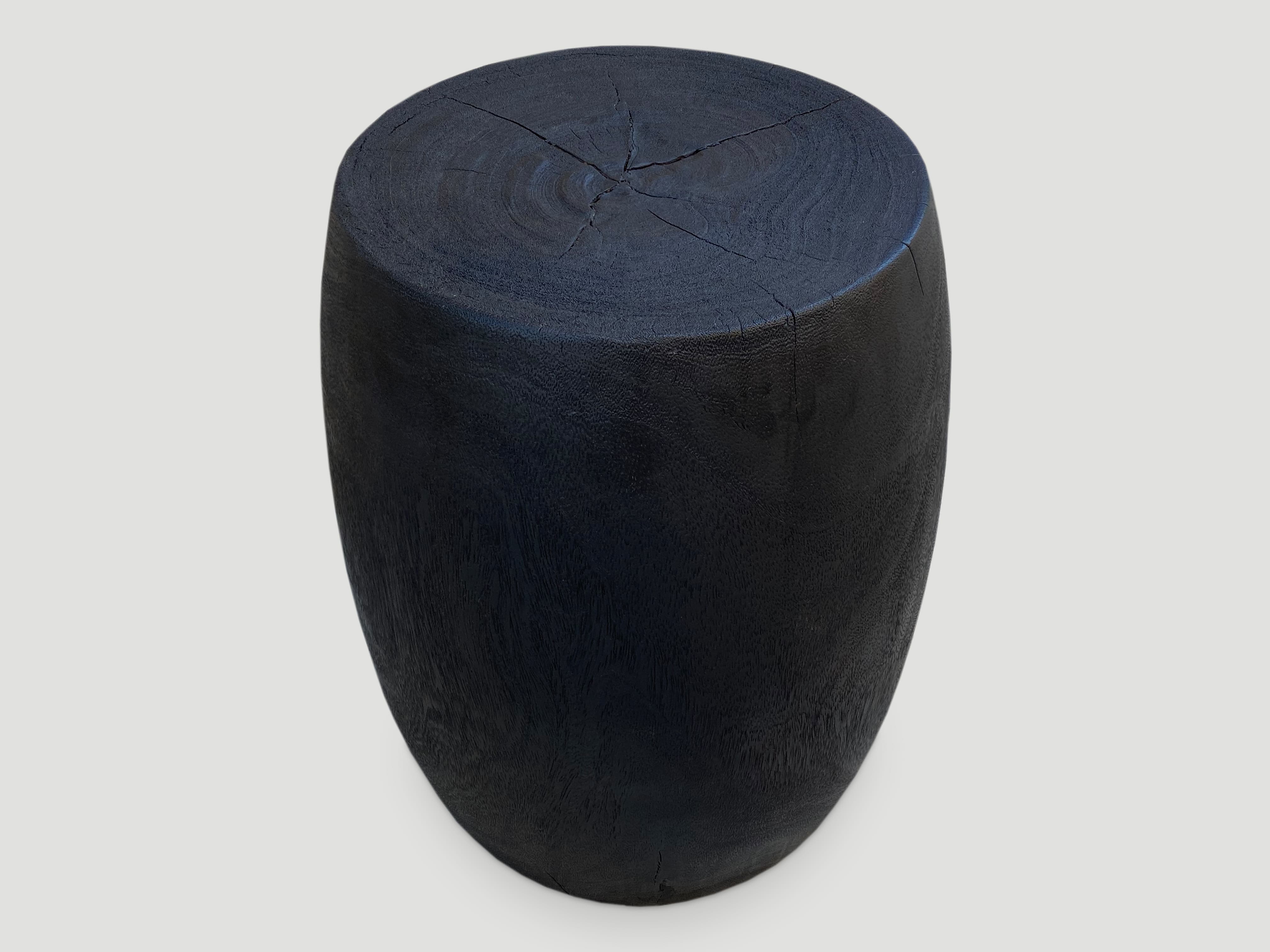 charred teak wood drum side table or stool