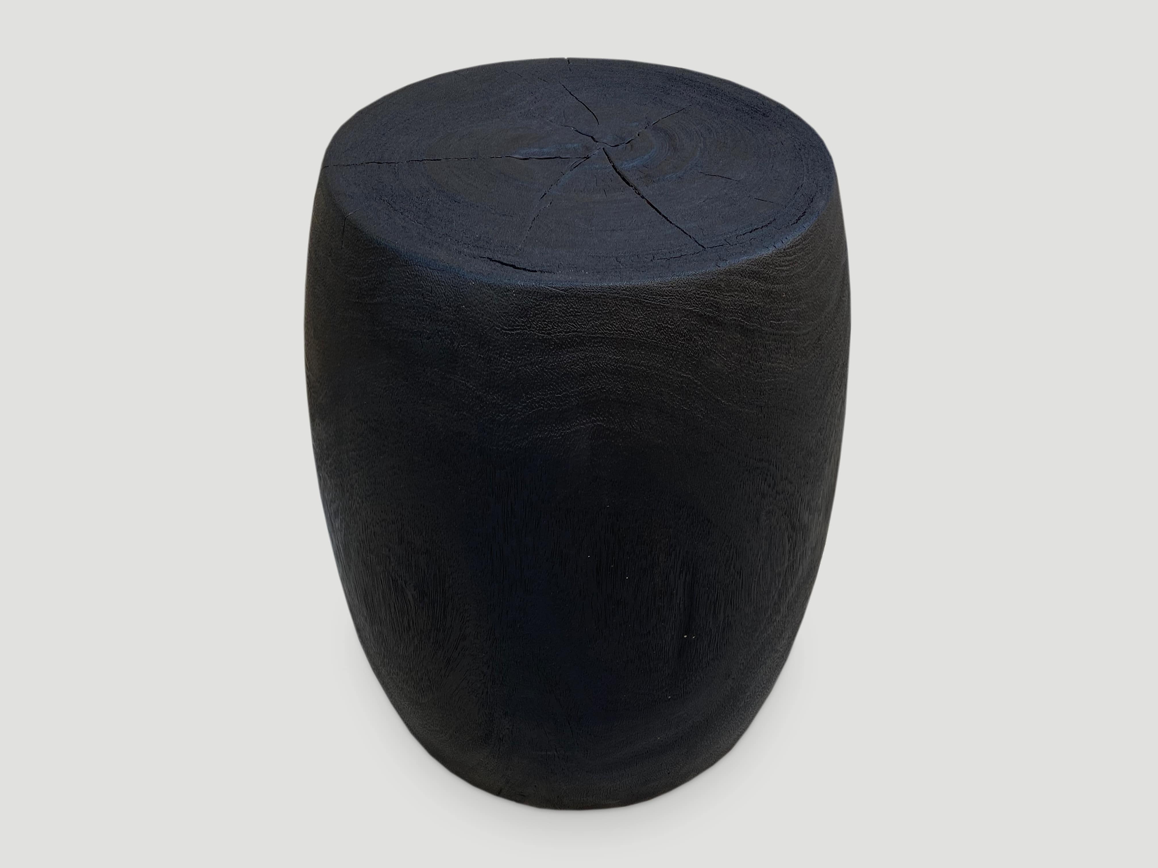charred teak wood drum side table or stool