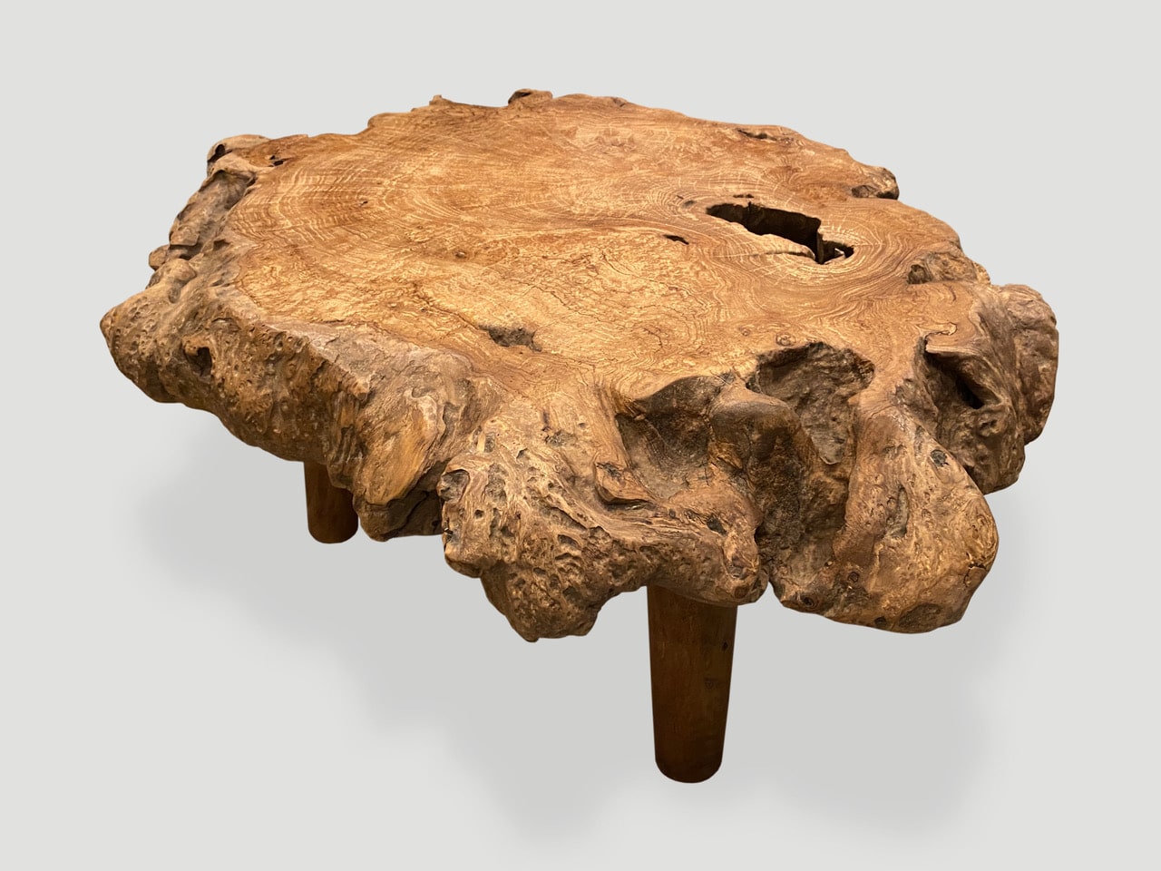 TEAK BURL WOOD LIVE EDGE COFFEE TABLE OR SIDE TABLE