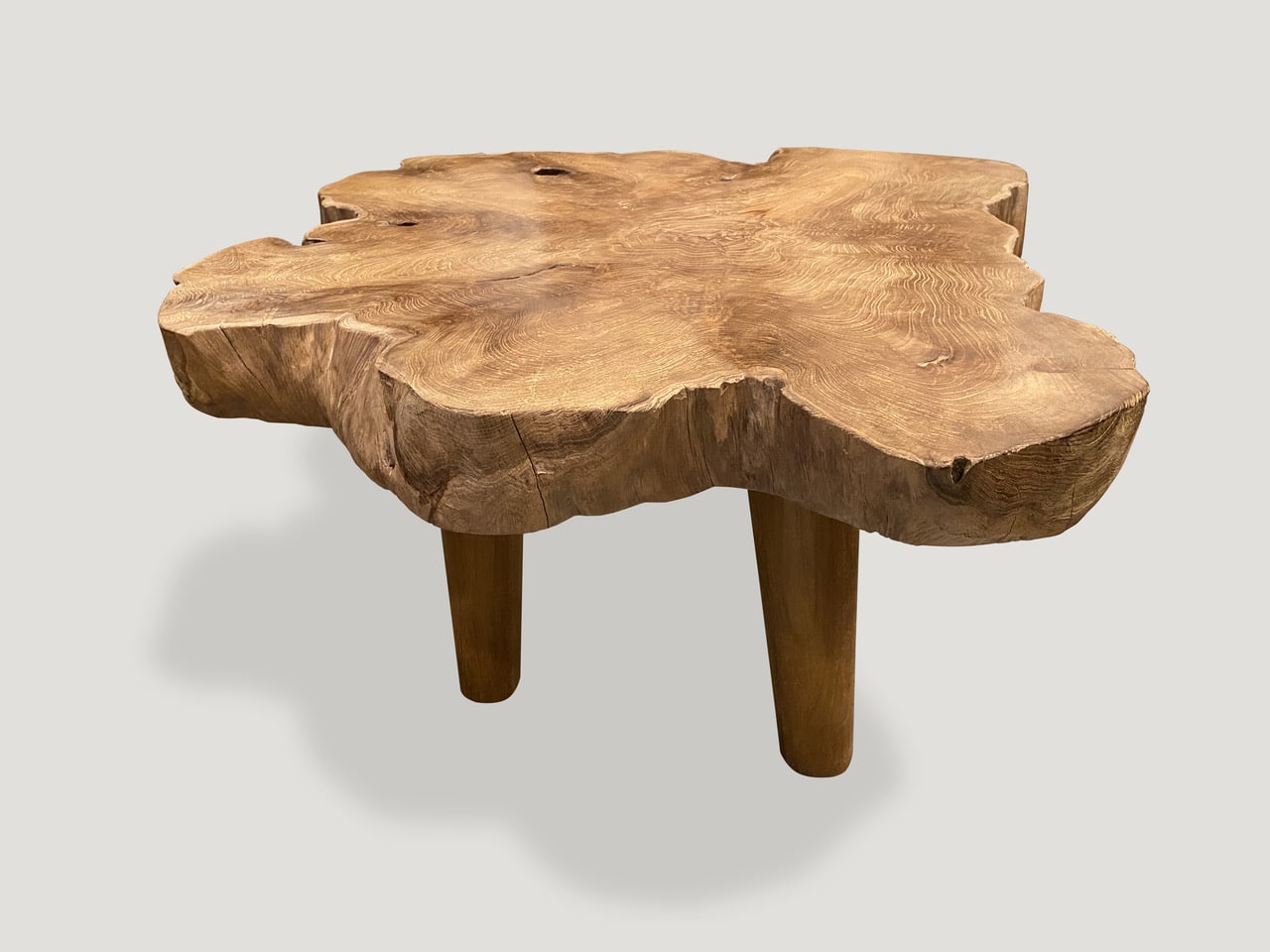 three inch single slab live edge teak wood coffee table
