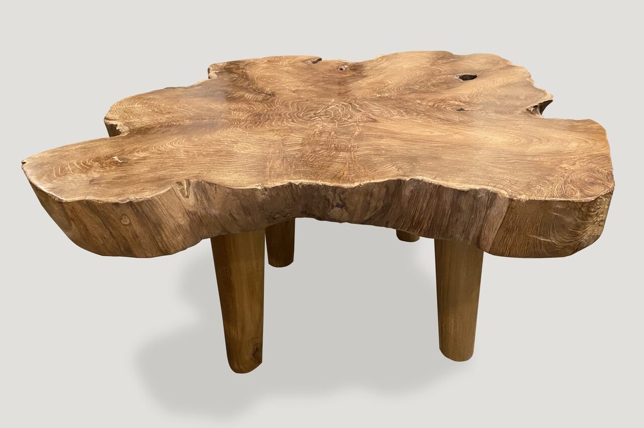 three inch single slab live edge teak wood coffee table