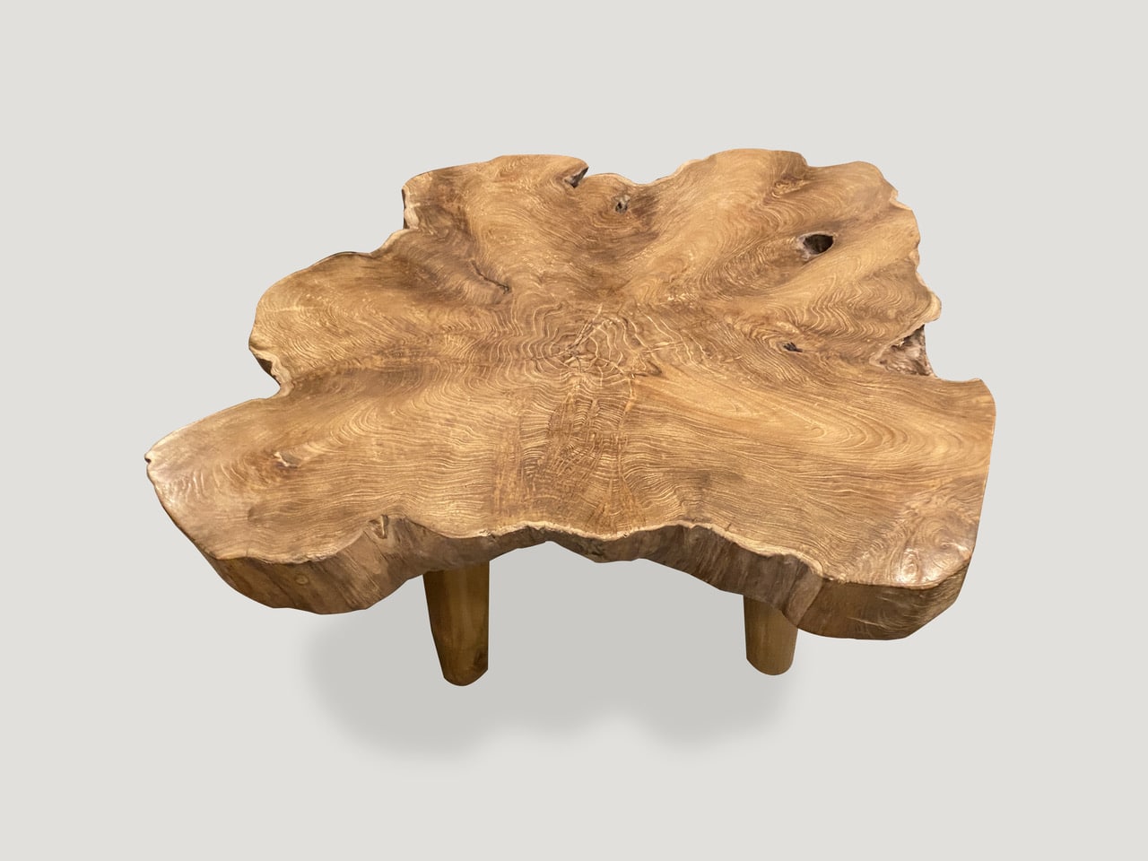 three inch single slab live edge teak wood coffee table