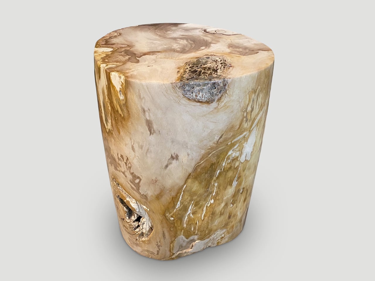 BEAUTIFUL PETRIFIED WOOD SIDE TABLE WITH CRYSTALS