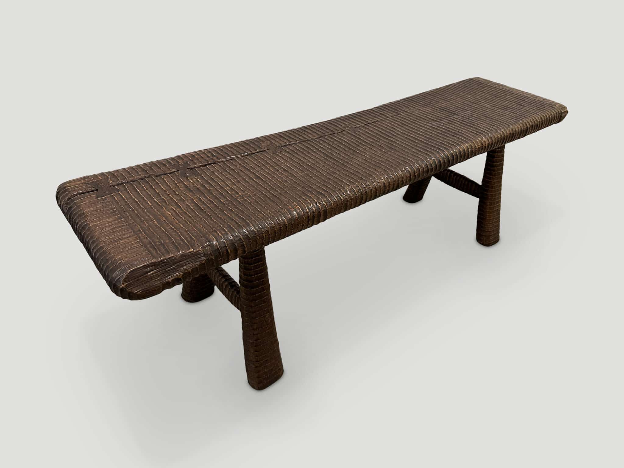 HAND CARVED ESPRESSO STAINED TEAK BENCH