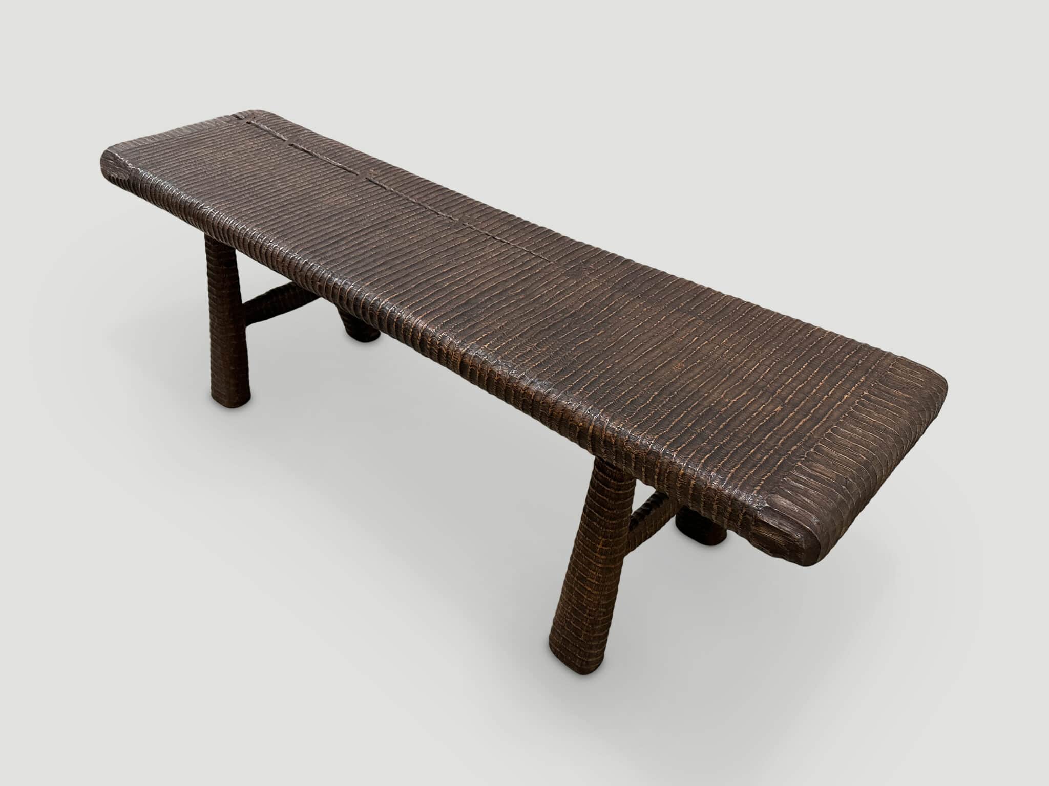 HAND CARVED ESPRESSO STAINED TEAK BENCH
