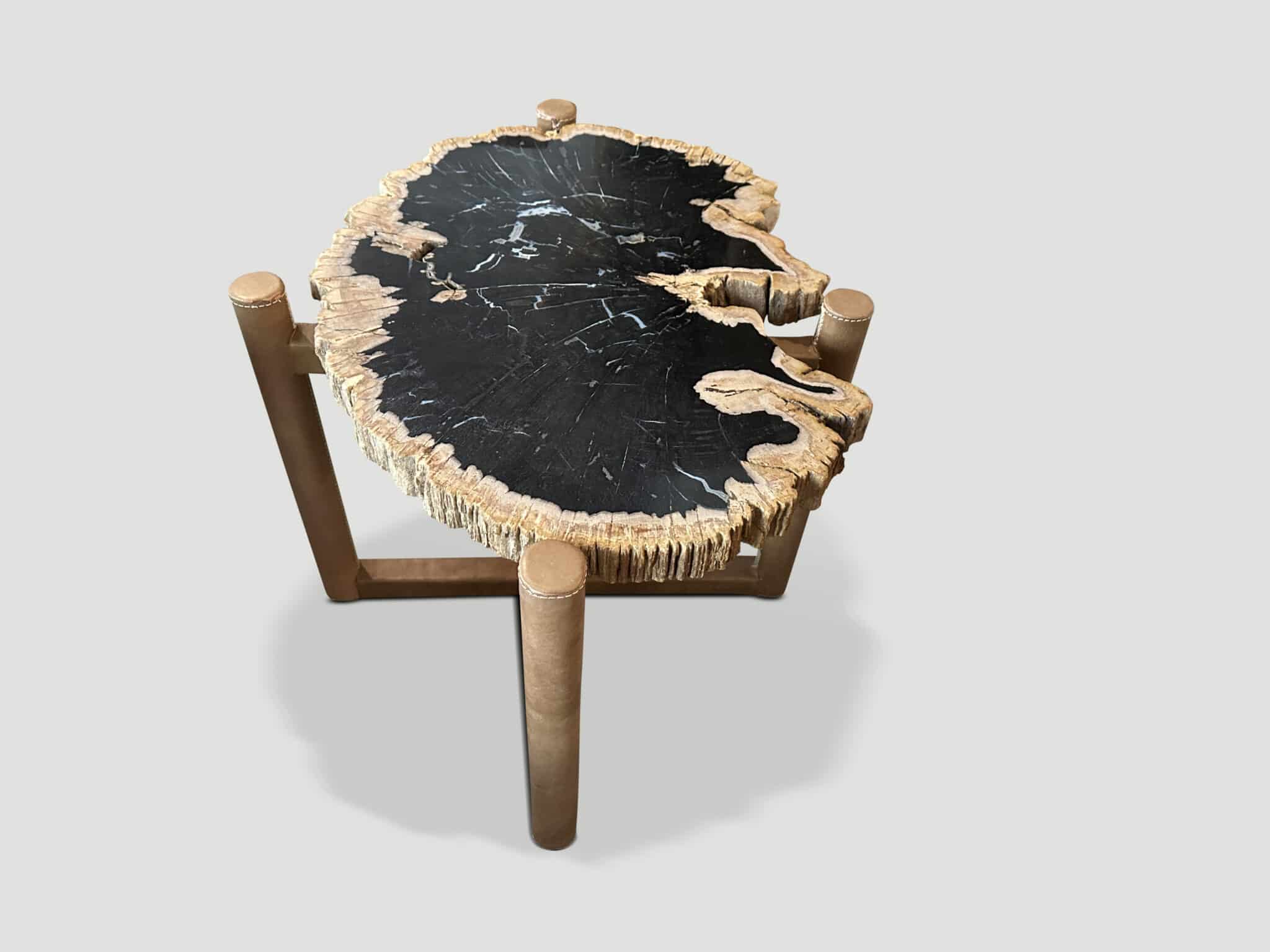 petrified wood side table on leather base