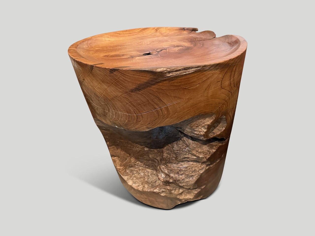sculptural teak wood tray side table