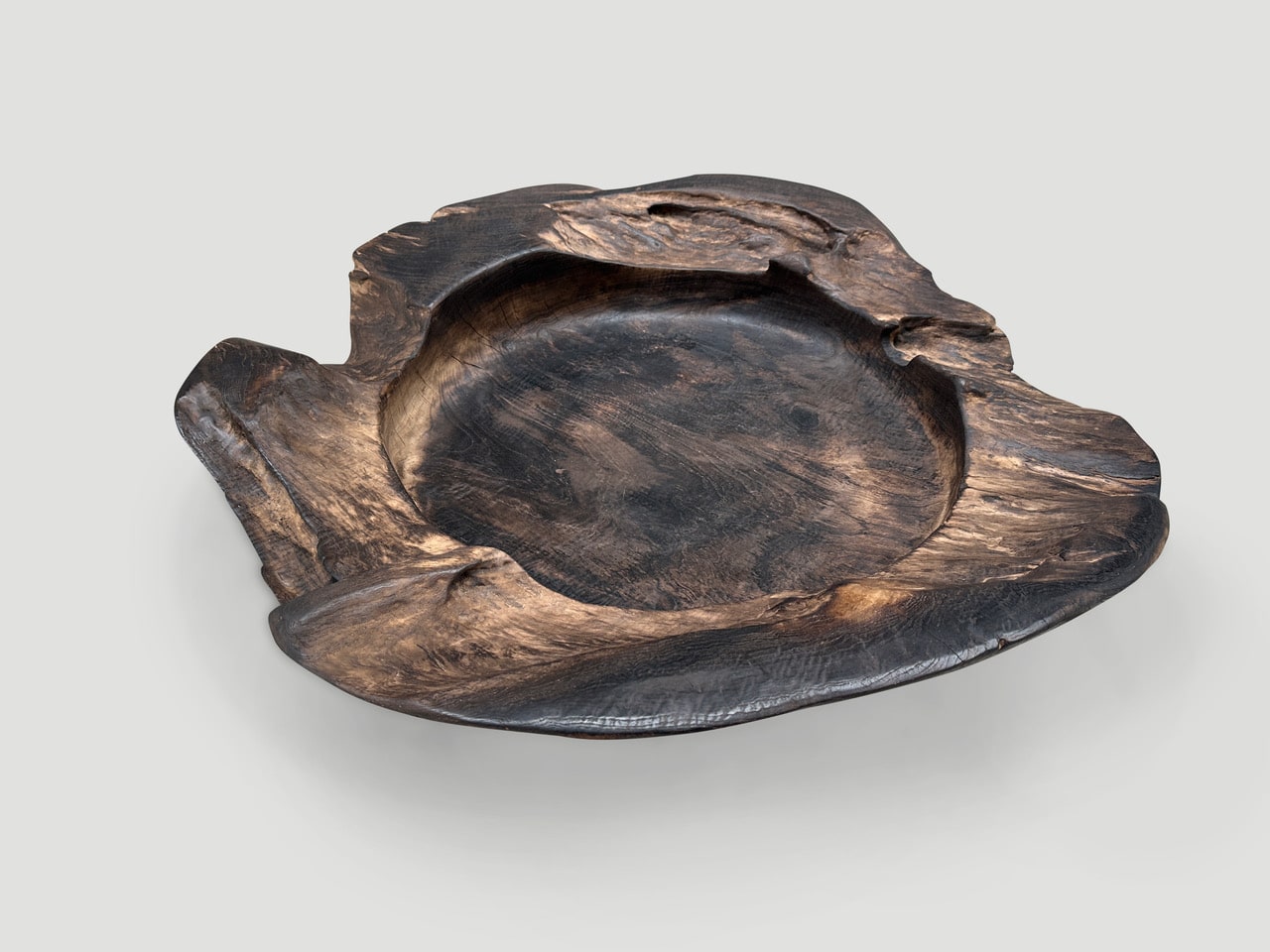 oversized charred sculptural teak wood vessel