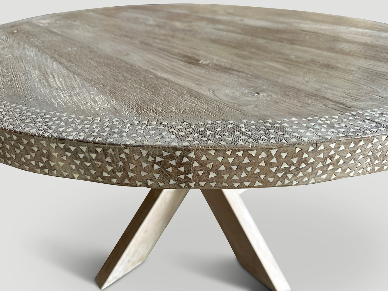 round shell inlaid teak wood dining table