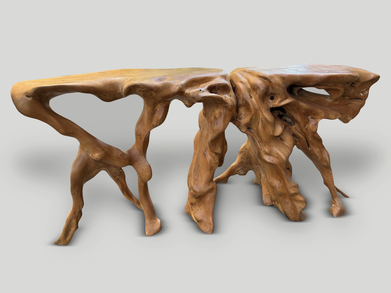 teak root sculptural console table