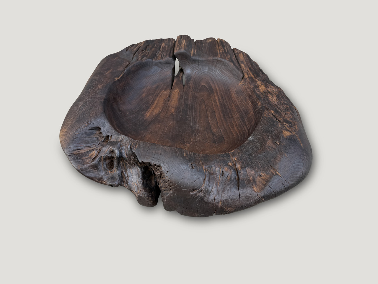 charred sculptural teak wood vessel