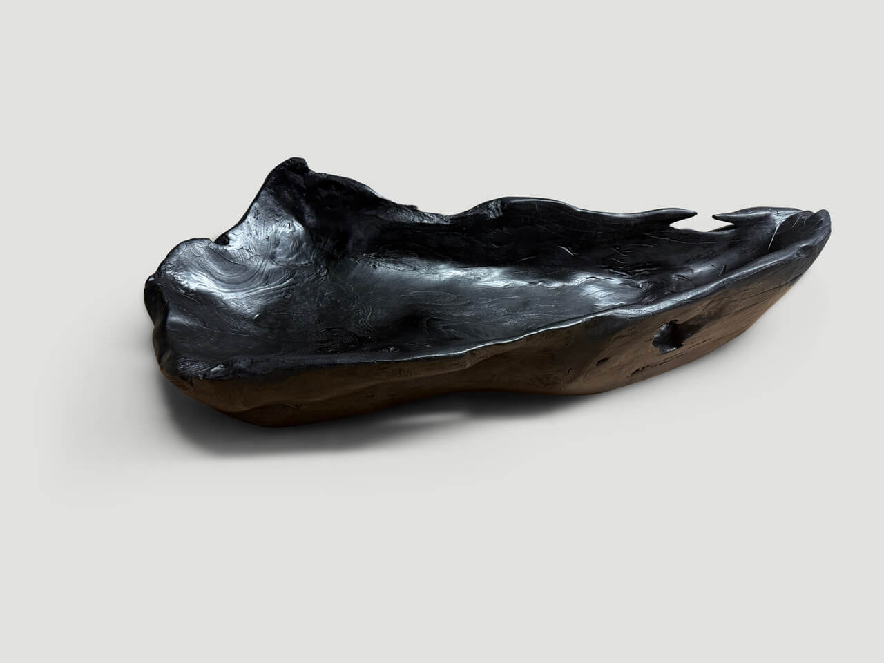 sculptural charred teak wood vessel