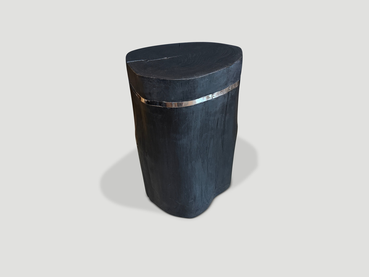 burnt teak wood side table with silver strip
